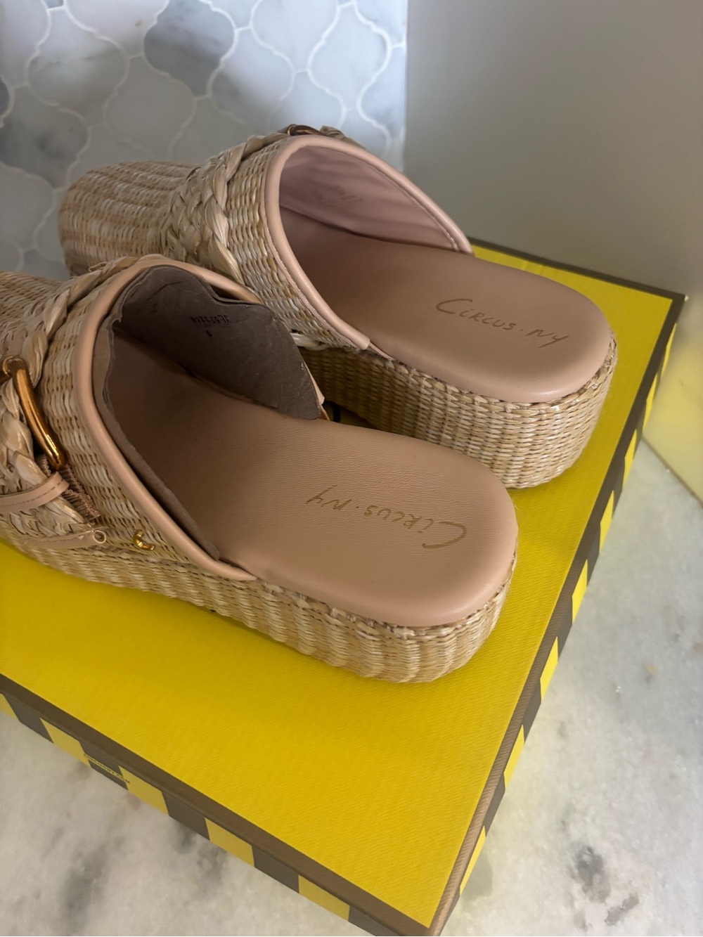 Circus by Sam Edelman Beige Braided Platform Slide Sandals with Gold Accent